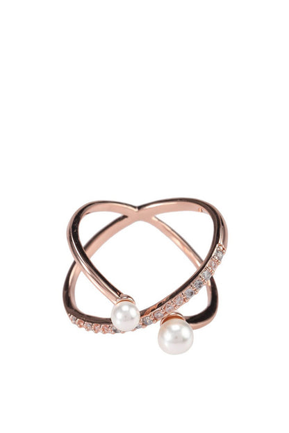 ALDO rose gold ring with intertwined bands, pearls, and crystal accents