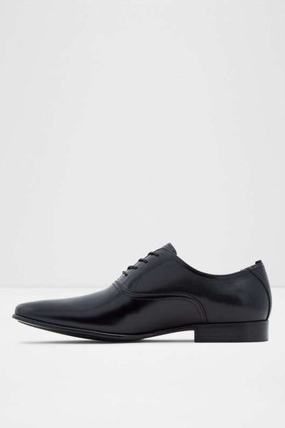 ALDO men's black lace-up dress shoe with low heel, angled side profile