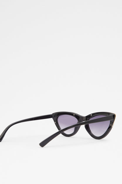 ALDO black sunglasses side profile, purple gradient lenses