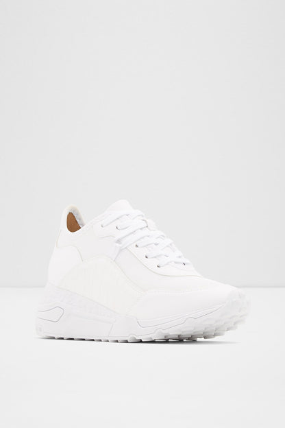 ALDO white lace-up sneaker, front 3/4 view with brown heel lining
