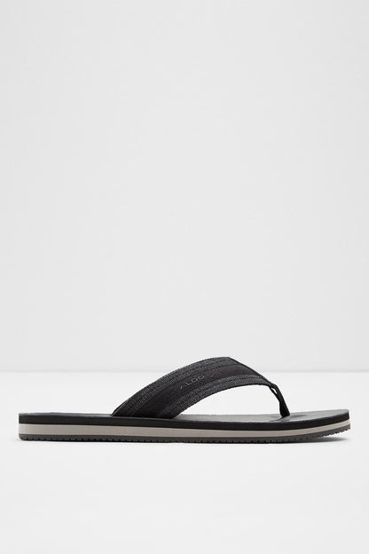 Black flip-flop sandal with single wide strap and dark rubber sole