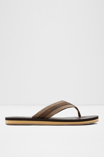 Brown ALDO flip-flop sandal with textured fabric straps and flat thong sole