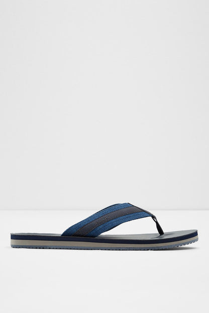 ALDO navy flip-flop sandals with wide striped strap and black rubber sole
