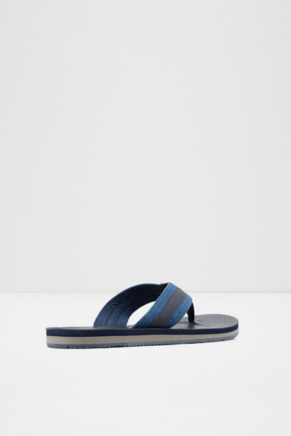 Navy flip-flop sandals with cross strap and black rubber sole
