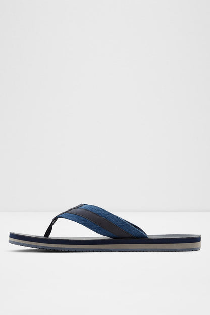 Navy flip-flop sandals with single wide strap and black rubber sole