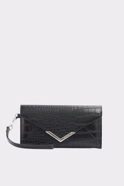 ALDO black faux-leather envelope crossbody bag with V-shaped flap detail and wrist strap