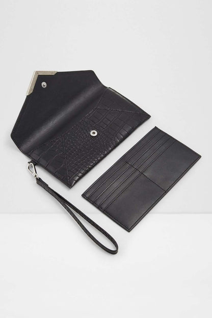 ALDO black faux-leather wristlet wallet open view with snap closure and card slots