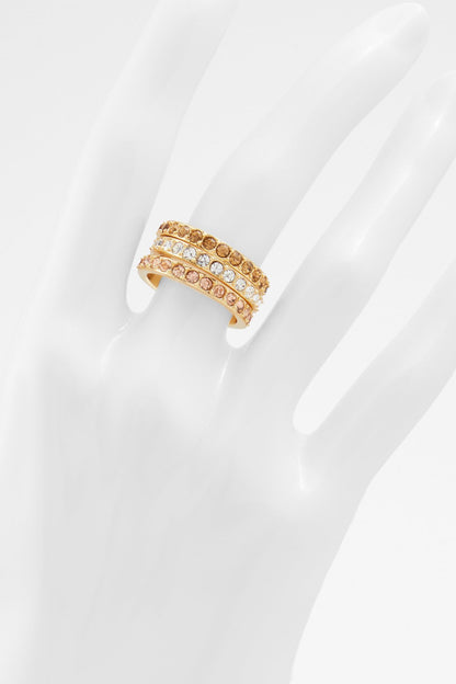 Gold-tone rhinestone band ring with stacked clear stones, wide multirow design