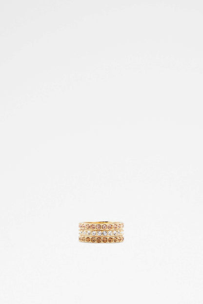 Wide gold-tone rhinestone band ring with clear stones, multirow band