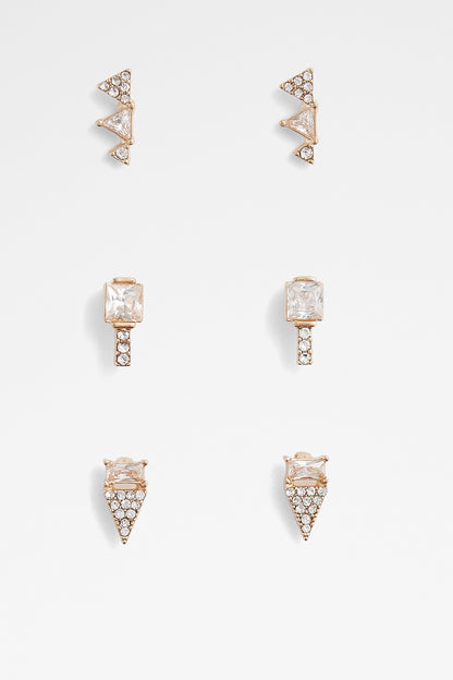 Gold-tone crystal stud and drop earring set with geometric and teardrop shapes