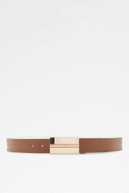 Brown leather belt with rectangular gold-tone buckle and two eyelet holes