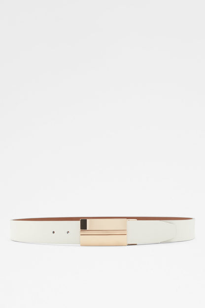 Two-tone belt with brown outer side, white reverse, and rectangular gold-tone buckle