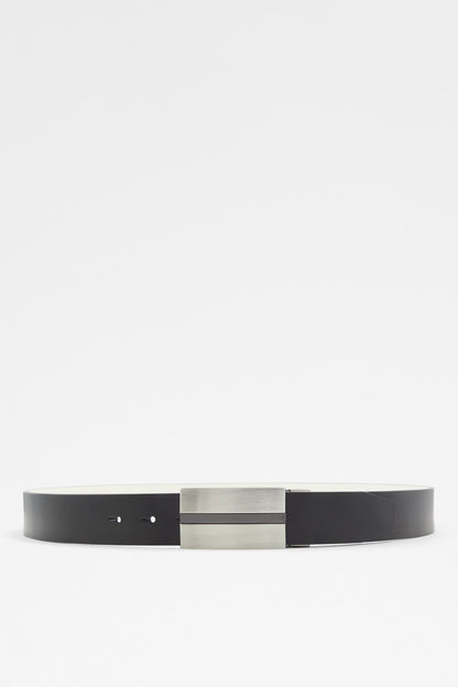 ALDO leather belt, dark side with silver rectangular buckle and two adjustment holes