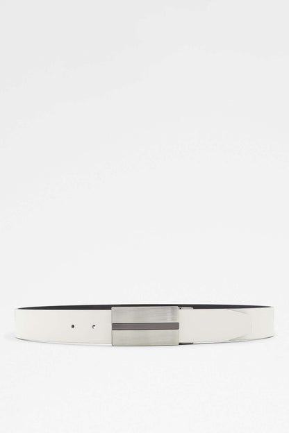 ALDO leather belt, white side with silver rectangular buckle and two adjustment holes