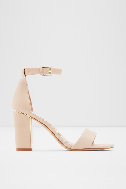 ALDO light pink heeled sandal with ankle strap and buckle, open toe