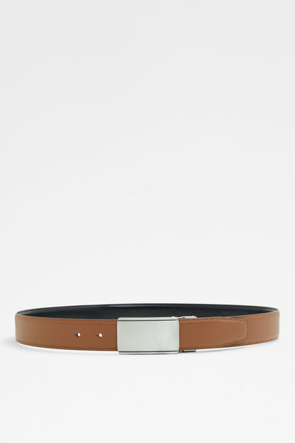 Cognac leather belt with silver rectangular buckle and two adjustment holes
