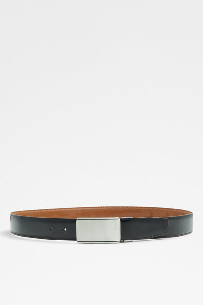 Cognac leather belt with dark underside, silver rectangular buckle, two adjustment holes