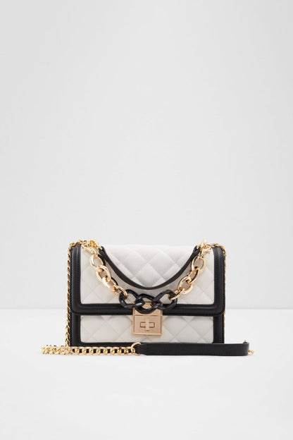 ALDO quilted shoulder bag, white with black flap and gold chain strap