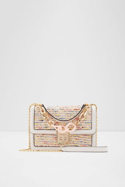 ALDO white multi tweed flap crossbody bag with chain strap and gold logo clasp