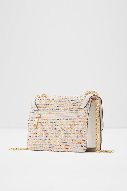 ALDO white multi tweed crossbody bag with chain strap and flap front