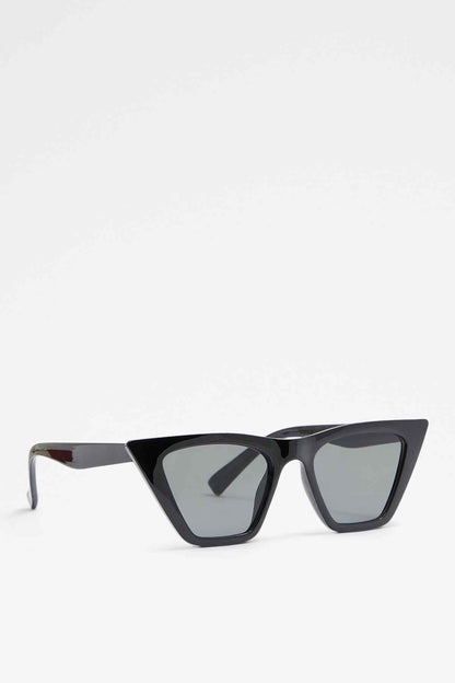 Black cat-eye sunglasses with tinted lenses and angular front frame