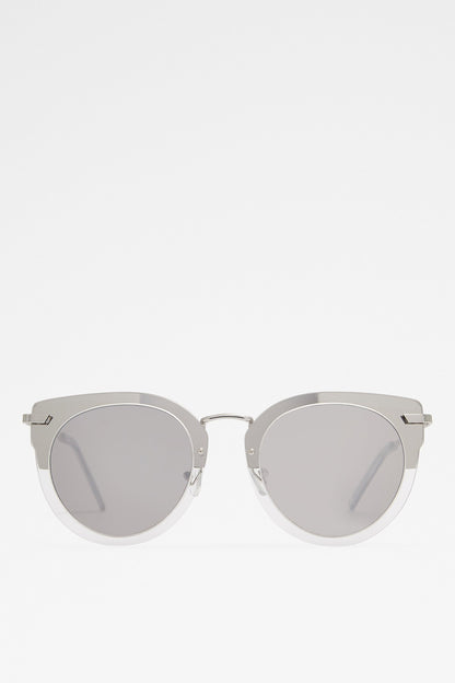 ALDO round sunglasses, silver frame, gray tinted lenses