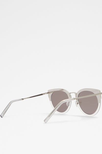 ALDO round sunglasses side view, silver frame, gray tinted lenses