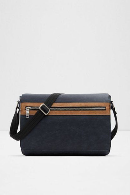 Navy crossbody bag with adjustable strap and tan front zipper stripe