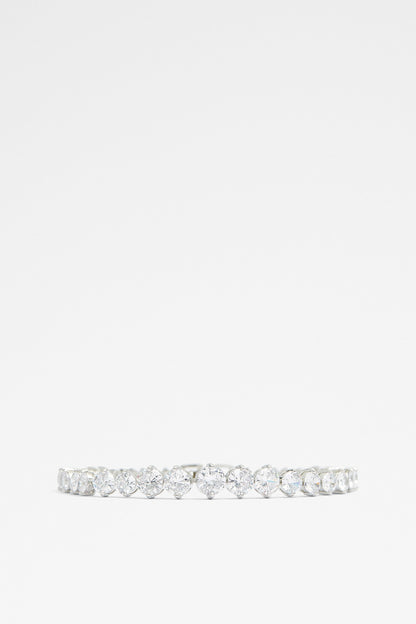 Silver tennis bracelet with row of round clear rhinestones