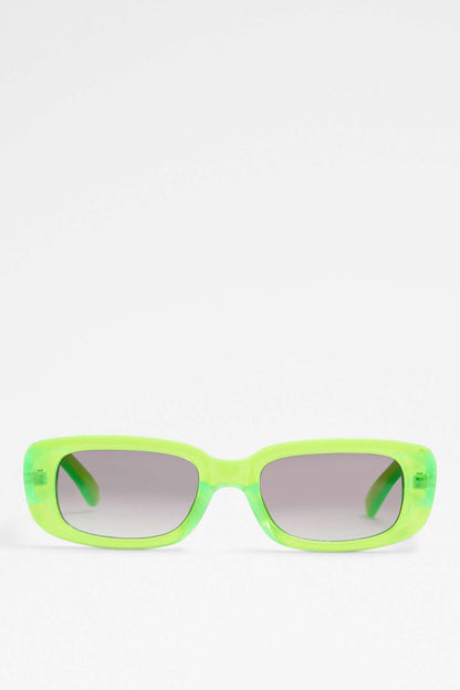 Bright green eyeglass frames with rectangular lenses