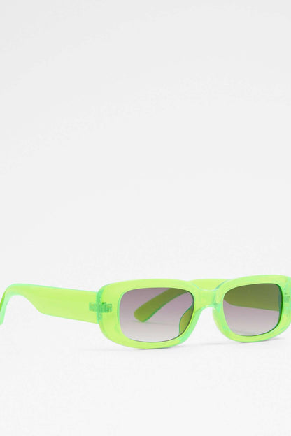 Bright green eyeglass frames with rectangular lenses and side temple