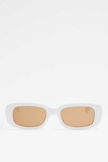 White frame sunglasses with tan gradient lenses, rounded rectangular shape