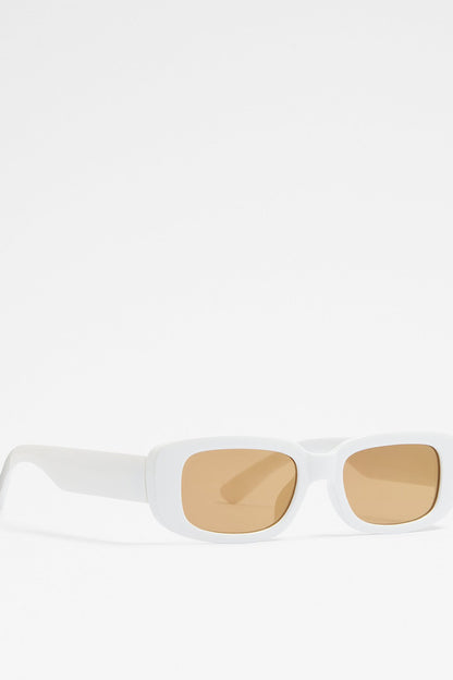 White frame sunglasses with tan lenses, angled side view