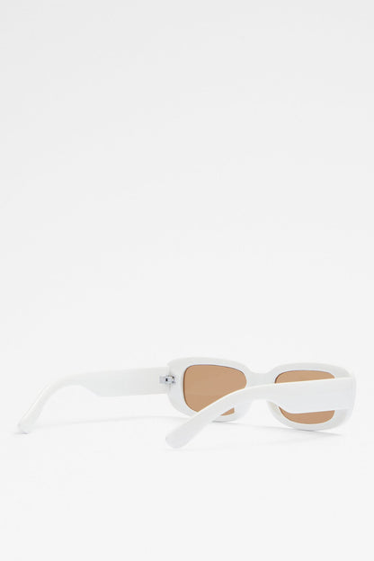 White sunglasses with tan lenses and visible side arm, low profile