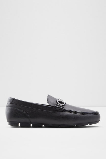 ALDO black leather loafer with metal strap detail and low heel