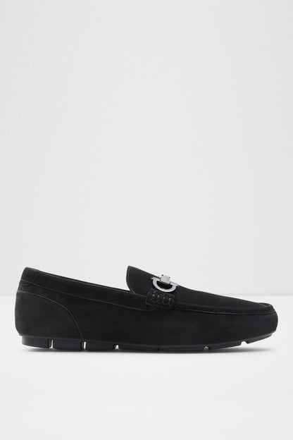 ALDO black suede loafer with metal buckle strap and low block heel