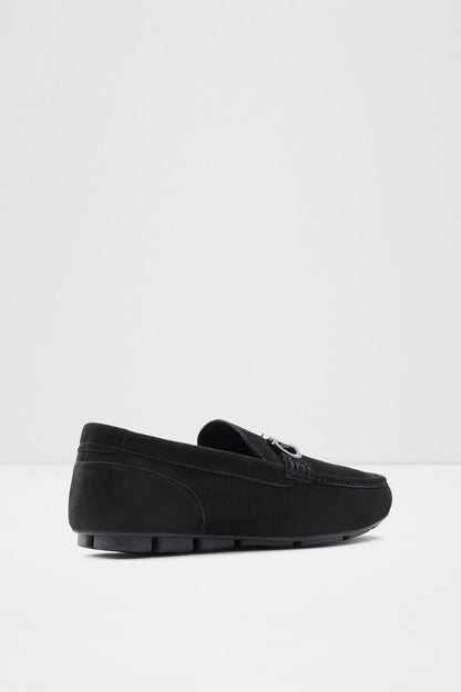 ALDO black suede loafer with metal buckle detail and low block heel, side view