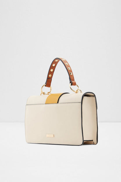ALDO cream handbag with brown top handles, side flap, gold-tone hardware