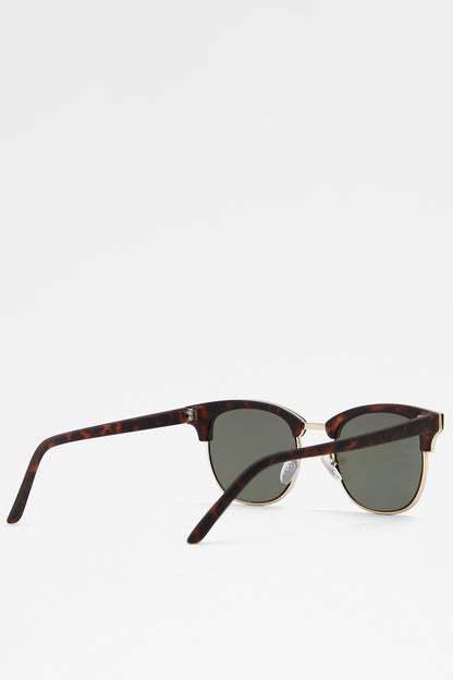 Tortoise cat-eye sunglasses with dark green lenses, side view