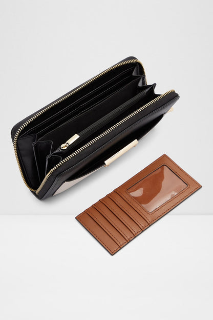 ALDO zip wallet open with card slots and brown leather interior