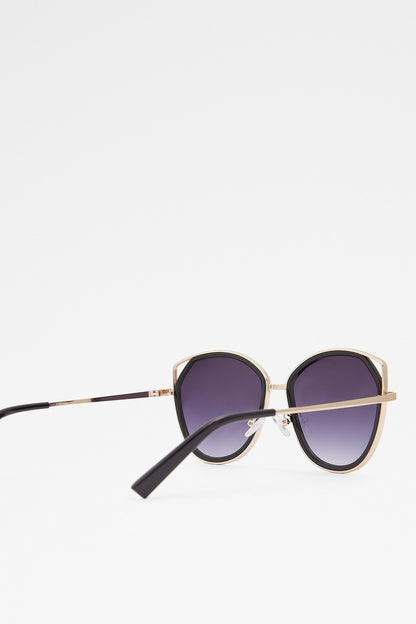 ALDO oval sunglasses, side view, gold-tone frames with dark purple lenses