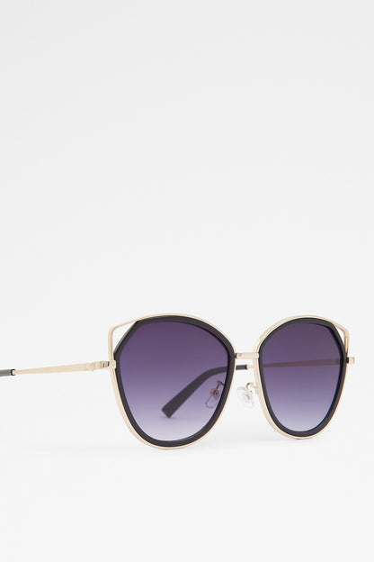 ALDO oval sunglasses, angled view, gold-tone frame and dark purple lenses