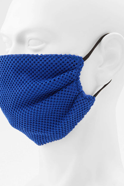 Medium blue fabric face mask with pleats and black ear ties