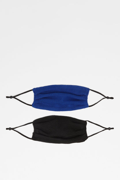 Pack of two fabric face masks: medium blue and black, with tie straps