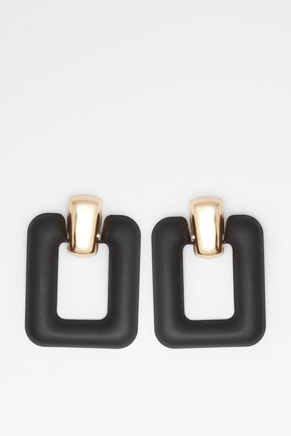 Pair of black U-shaped hoop earrings with gold-tone top bar
