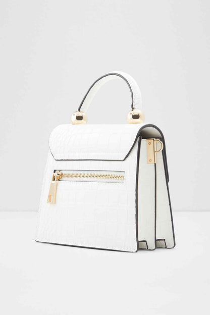 ALDO white handbag with top handle, gold zip detail, and black side strap