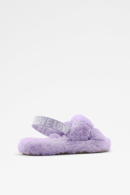 ALDO light purple fuzzy slide slippers with 'LOVE' printed strap