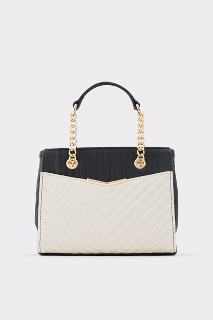 ALDO two-tone mini tote bag with chain straps, black top and white front pocket