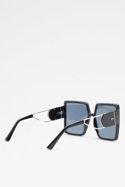 ALDO square sunglasses with black frames and blue lenses, angled side view