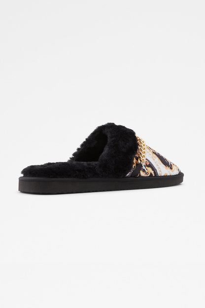 Black faux-fur slide slipper, patterned side panel with gold trim